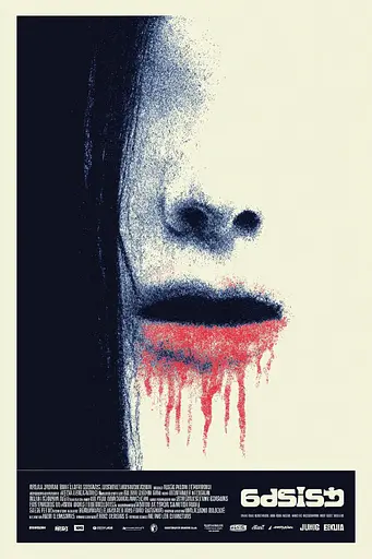 Midjourney generated image using SREF code Indigo Glyph: A poster for a horror movie with blood dripping down the face.