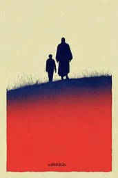 Midjourney generated image using SREF code Indigo Glyph: A man and a child walking on a grassy hill.