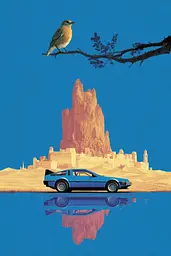 Midjourney generated image using SREF code Indigo Glyph: A blue car sitting on top of a tree branch next to a bird.