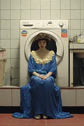 Midjourney generated image using SREF code Indigo Glyph: A woman in a blue dress sitting in front of a washing machine.