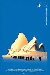 Midjourney generated image using SREF code Indigo Glyph: A group of people standing in front of the Sydney Opera House.
