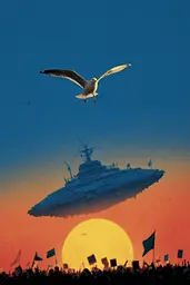Midjourney generated image using SREF code Indigo Glyph: A seagull flying over a large ship in the sky.