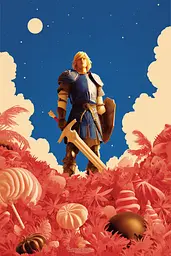 Midjourney generated image using SREF code Indigo Glyph: A man standing on top of a pile of candy.