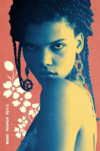 Midjourney generated image using SREF code Indigo Glyph: A woman with braids and earrings in front of a red background.