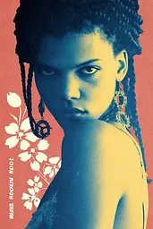 Midjourney generated image using SREF code Indigo Glyph: A woman with braids and earrings in front of a red background.