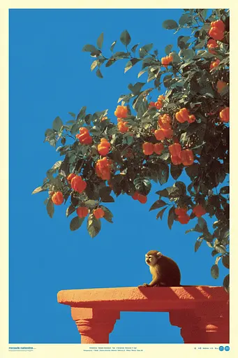 Midjourney generated image using SREF code Indigo Glyph: A monkey sitting on a ledge next to a tree with oranges.