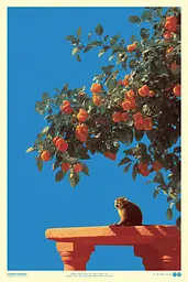Midjourney generated image using SREF code Indigo Glyph: A monkey sitting on a ledge next to a tree with oranges.