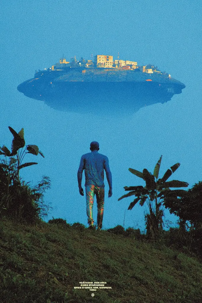 Midjourney generated image using SREF code Indigo Glyph: A man standing on top of a hill next to a small island.