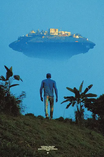 Midjourney generated image using SREF code Indigo Glyph: A man standing on top of a hill next to a small island.