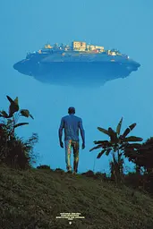 Midjourney generated image using SREF code Indigo Glyph: A man standing on top of a hill next to a small island.