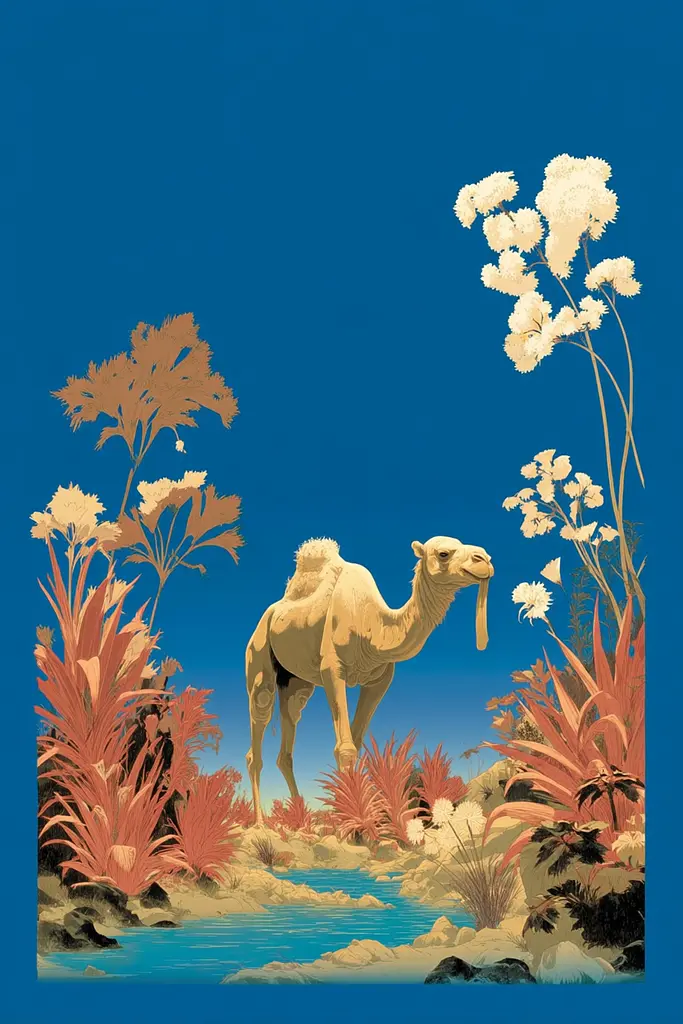 Midjourney generated image using SREF code Indigo Glyph: A camel standing in the middle of a desert landscape.