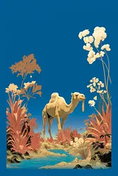 Midjourney generated image using SREF code Indigo Glyph: A camel standing in the middle of a desert landscape.