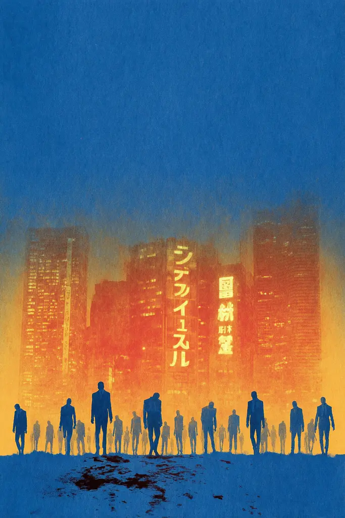 Midjourney generated image using SREF code Indigo Glyph: A group of people walking in front of a city at night.