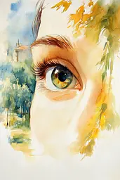 Midjourney generated image using SREF code Elysian Hues: A watercolor painting of a woman's green eye.