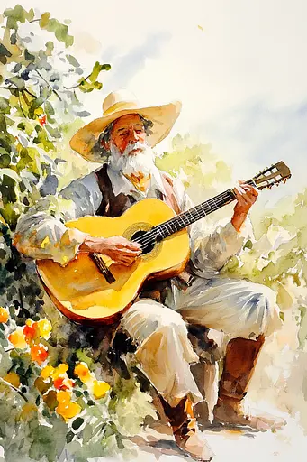 Midjourney generated image using SREF code Elysian Hues: A painting of a man playing a guitar in a garden.