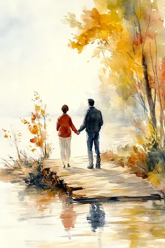 Midjourney generated image using SREF code Elysian Hues: A watercolor painting of a man and a woman walking on a path.