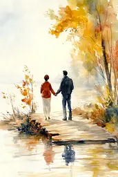 Midjourney generated image using SREF code Elysian Hues: A watercolor painting of a man and a woman walking on a path.