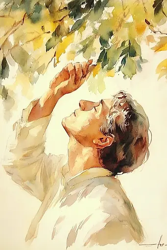 Midjourney generated image using SREF code Elysian Hues: A watercolor painting of a man looking up at a tree.