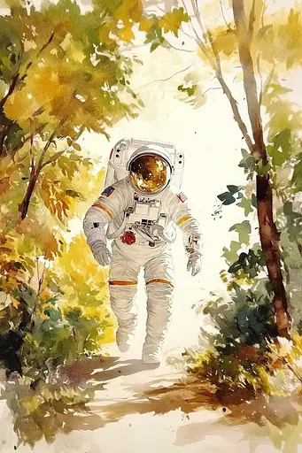 Midjourney generated image using SREF code Elysian Hues: A painting of an astronaut walking through the woods.