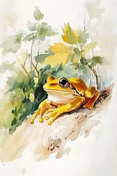 Midjourney generated image using SREF code Elysian Hues: A watercolor painting of a frog sitting on a tree branch.