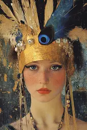 Midjourney generated image using SREF code Golden Elegance: A painting of a woman wearing a gold headdress with feathers.