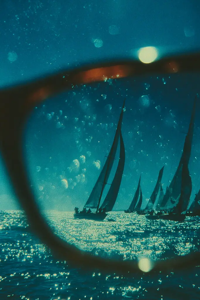 Midjourney generated image using SREF code Blue Velvet: A group of sailboats sailing in the ocean through a pair of glasses.