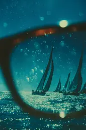 Midjourney generated image using SREF code Blue Velvet: A group of sailboats sailing in the ocean through a pair of glasses.