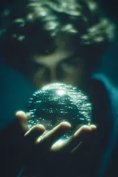Midjourney generated image using SREF code Blue Velvet: A person holding a crystal ball in their hands.