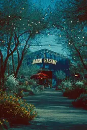 Midjourney generated image using SREF code Blue Velvet: A blue building with string lights strung over it.