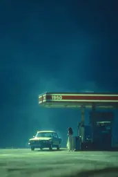 Midjourney generated image using SREF code Blue Velvet: A woman standing in front of a gas station at night.