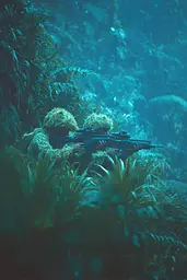 Midjourney generated image using SREF code Blue Velvet: A man in camouflage holding a rifle in the water.