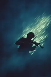 Midjourney generated image using SREF code Blue Velvet: A silhouette of a person playing a violin in the dark.