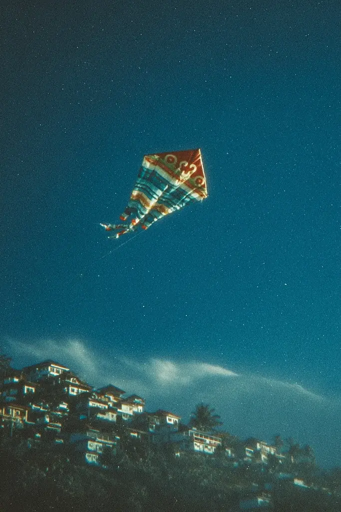 Midjourney generated image using SREF code Blue Velvet: A colorful kite flying in the sky over a city.
