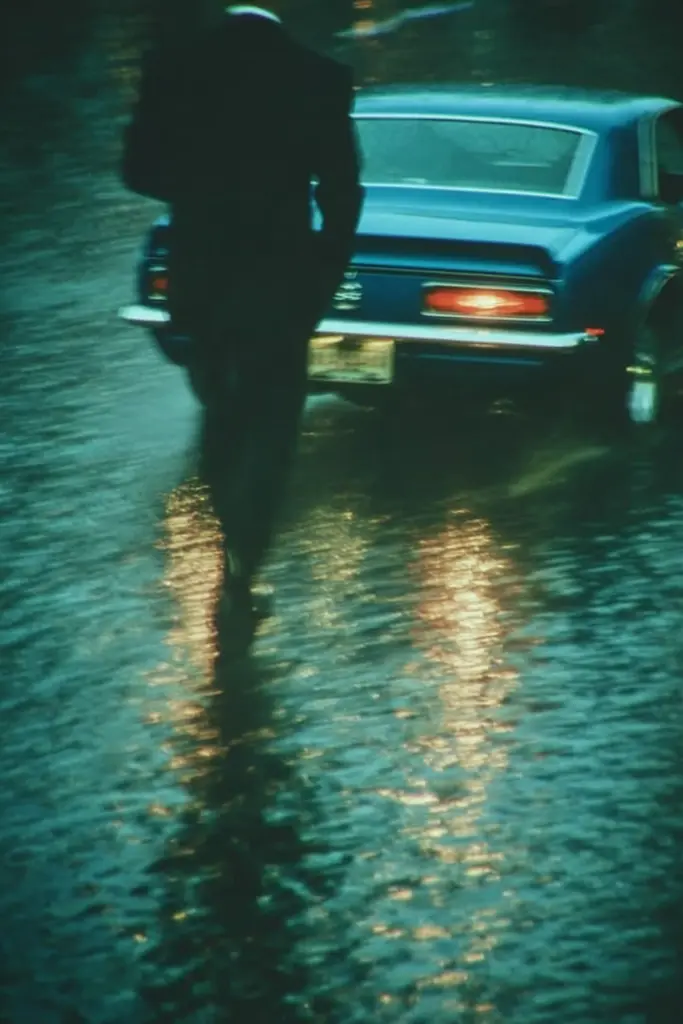 Midjourney generated image using SREF code Blue Velvet: A man in a suit walking down a wet street next to a car.