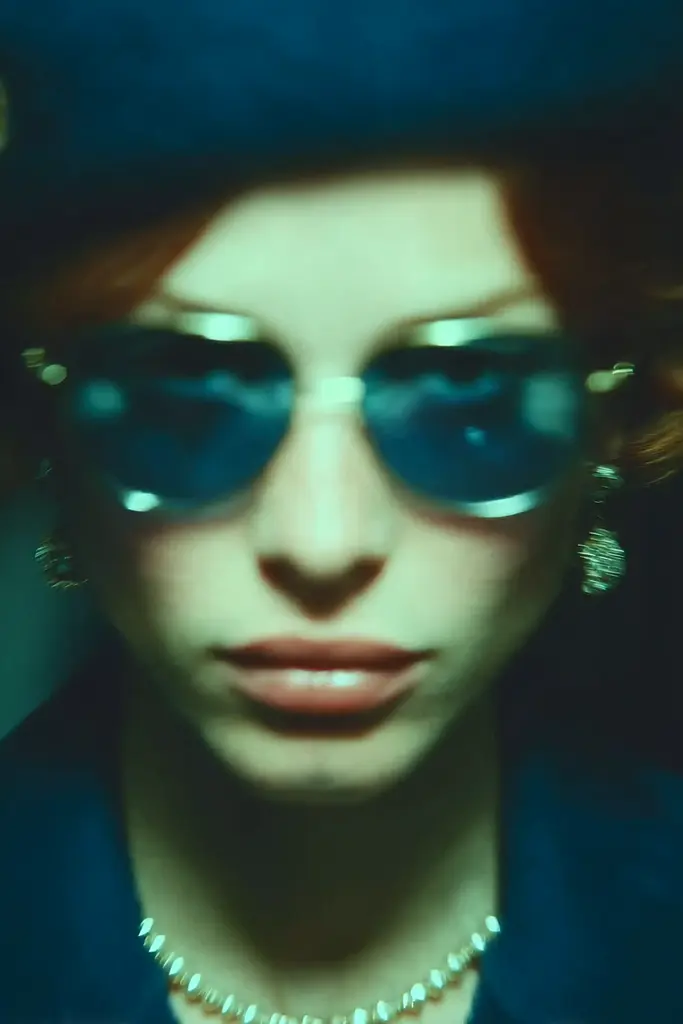 Midjourney generated image using SREF code Blue Velvet: A woman wearing a blue hat and sunglasses.