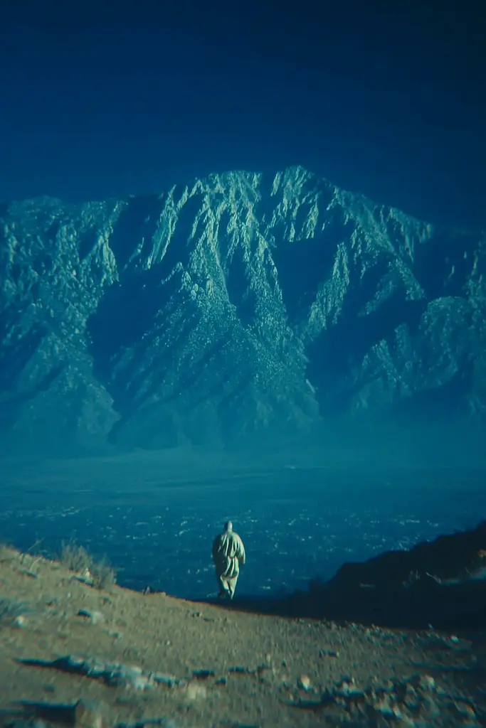 Midjourney generated image using SREF code Blue Velvet: A person walking up a hill with a mountain in the background.