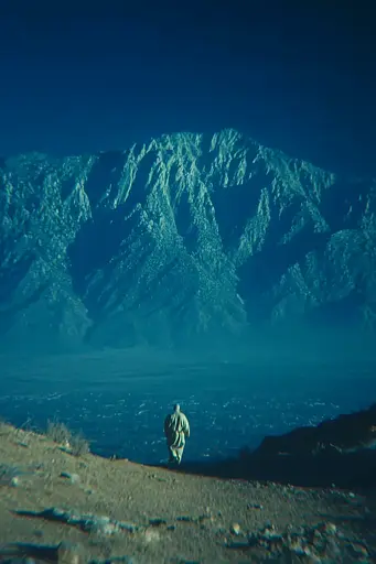 Midjourney generated image using SREF code Blue Velvet: A person walking up a hill with a mountain in the background.