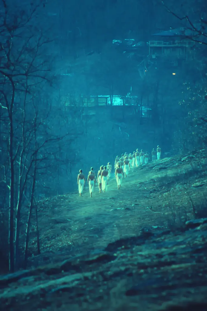 Midjourney generated image using SREF code Blue Velvet: A group of people walking down a dirt road at night.