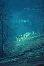 Midjourney generated image using SREF code Blue Velvet: A group of people walking down a dirt road at night.