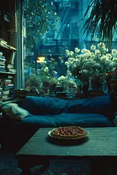 Midjourney generated image using SREF code Blue Velvet: A pie sitting on top of a table in front of a window.