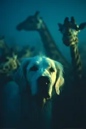 Midjourney generated image using SREF code Blue Velvet: A dog standing in front of a group of giraffes.