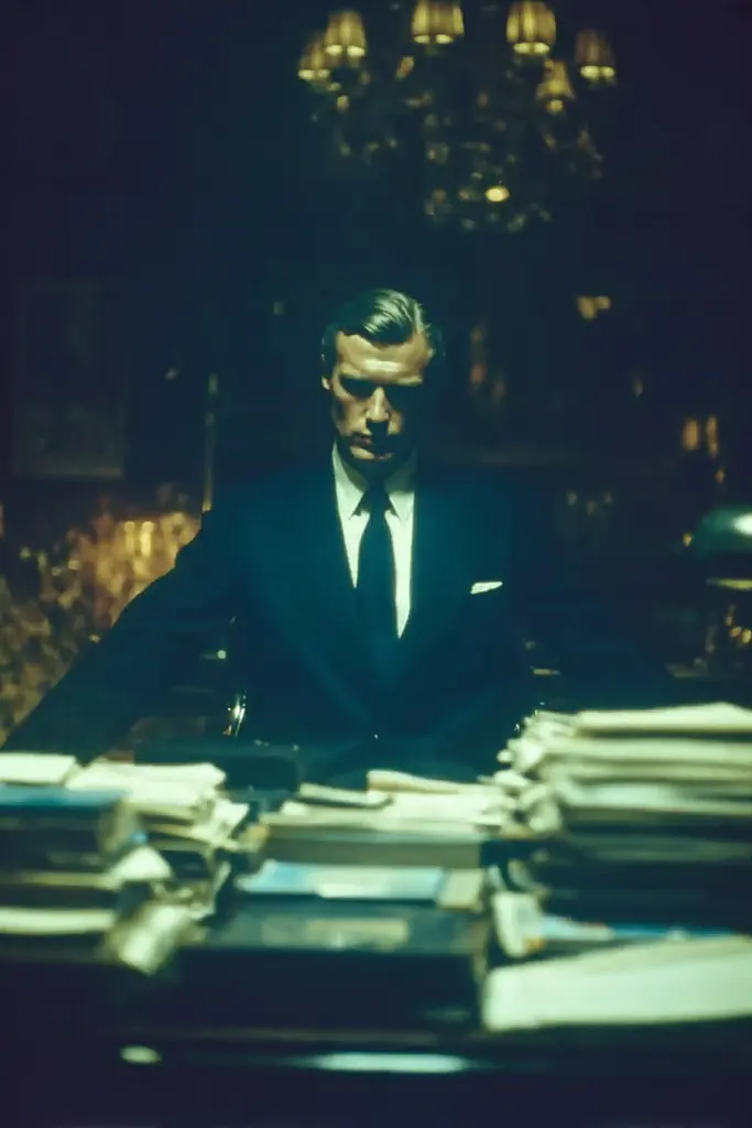 Midjourney generated image using SREF code Blue Velvet: A man in a suit sitting at a desk in a dark room.