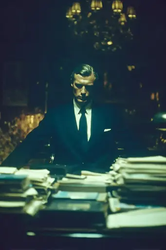 Midjourney generated image using SREF code Blue Velvet: A man in a suit sitting at a desk in a dark room.