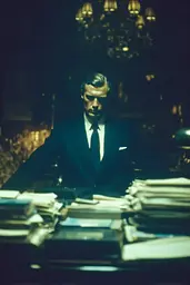 Midjourney generated image using SREF code Blue Velvet: A man in a suit sitting at a desk in a dark room.