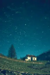 Midjourney generated image using SREF code Blue Velvet: A house in the middle of a field under a starry sky.
