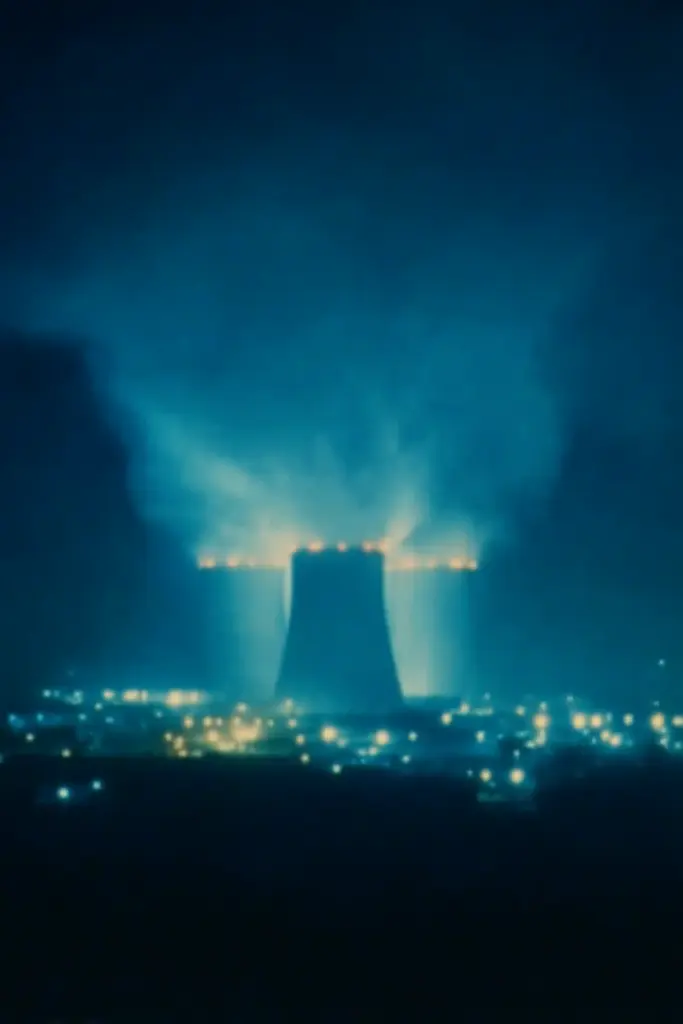 Midjourney generated image using SREF code Blue Velvet: A nuclear power plant at night with smoke coming out of it.