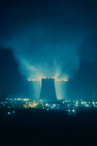 Midjourney generated image using SREF code Blue Velvet: A nuclear power plant at night with smoke coming out of it.