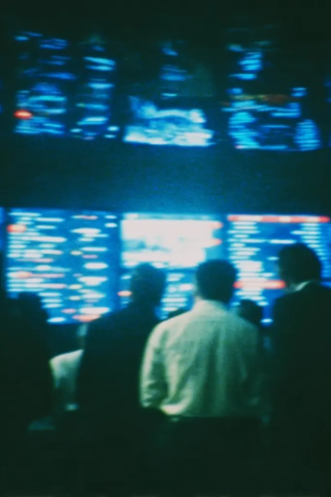 Midjourney generated image using SREF code Blue Velvet: A group of people standing in front of a large screen.