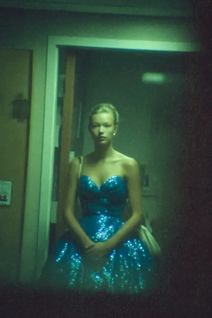 Midjourney generated image using SREF code Blue Velvet: A woman in a blue dress standing in a room.
