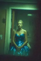 Midjourney generated image using SREF code Blue Velvet: A woman in a blue dress standing in a room.
